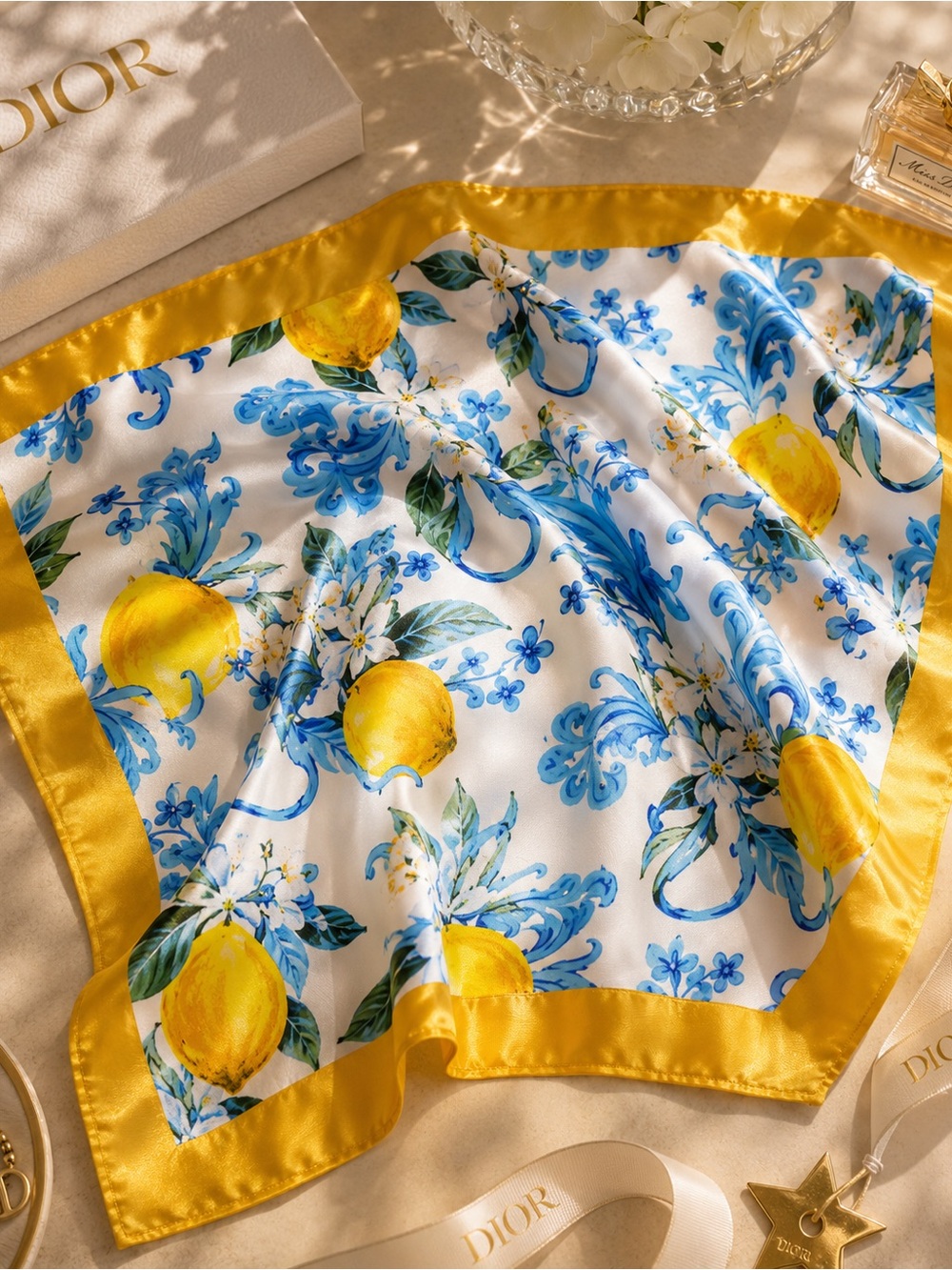 Lemon Print Silk Feel Square Scarf | Blue & Yellow Mediterranean Coastal Chic - Picture 4 of 4